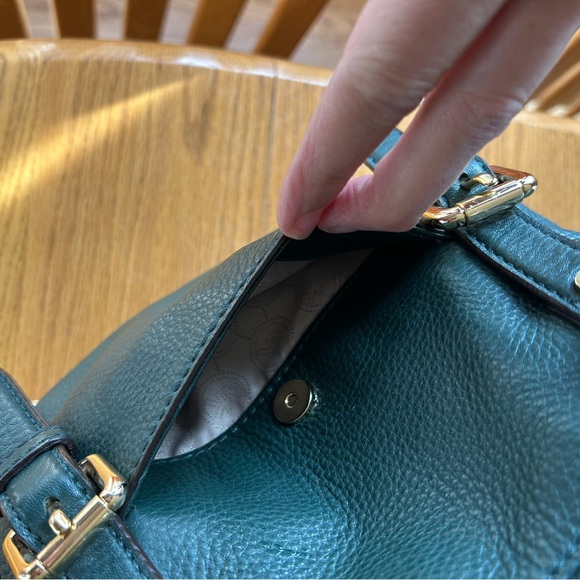 Michael Kors Large Bedford Buckle Bowling Satchel - Forest Green Pebble Leather - Picture 8 of 10